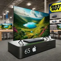 What a 65 inch Apple television set displayed on a Best Buy store stand look like The television has a sleek, minimalist design