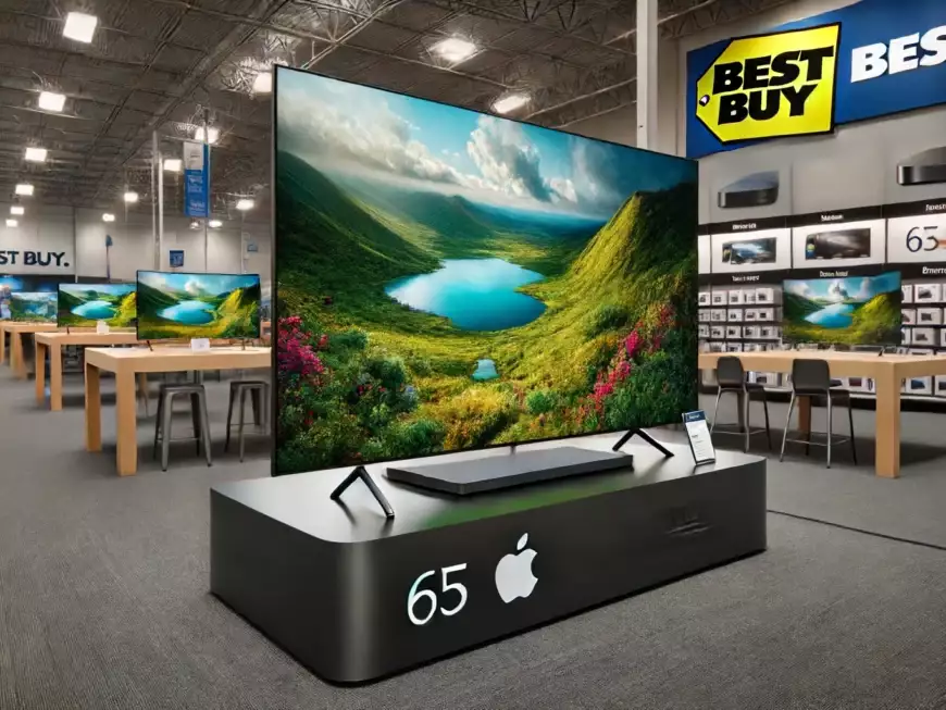What a 65 inch Apple television set displayed on a Best Buy store stand look like The television has a sleek, minimalist design