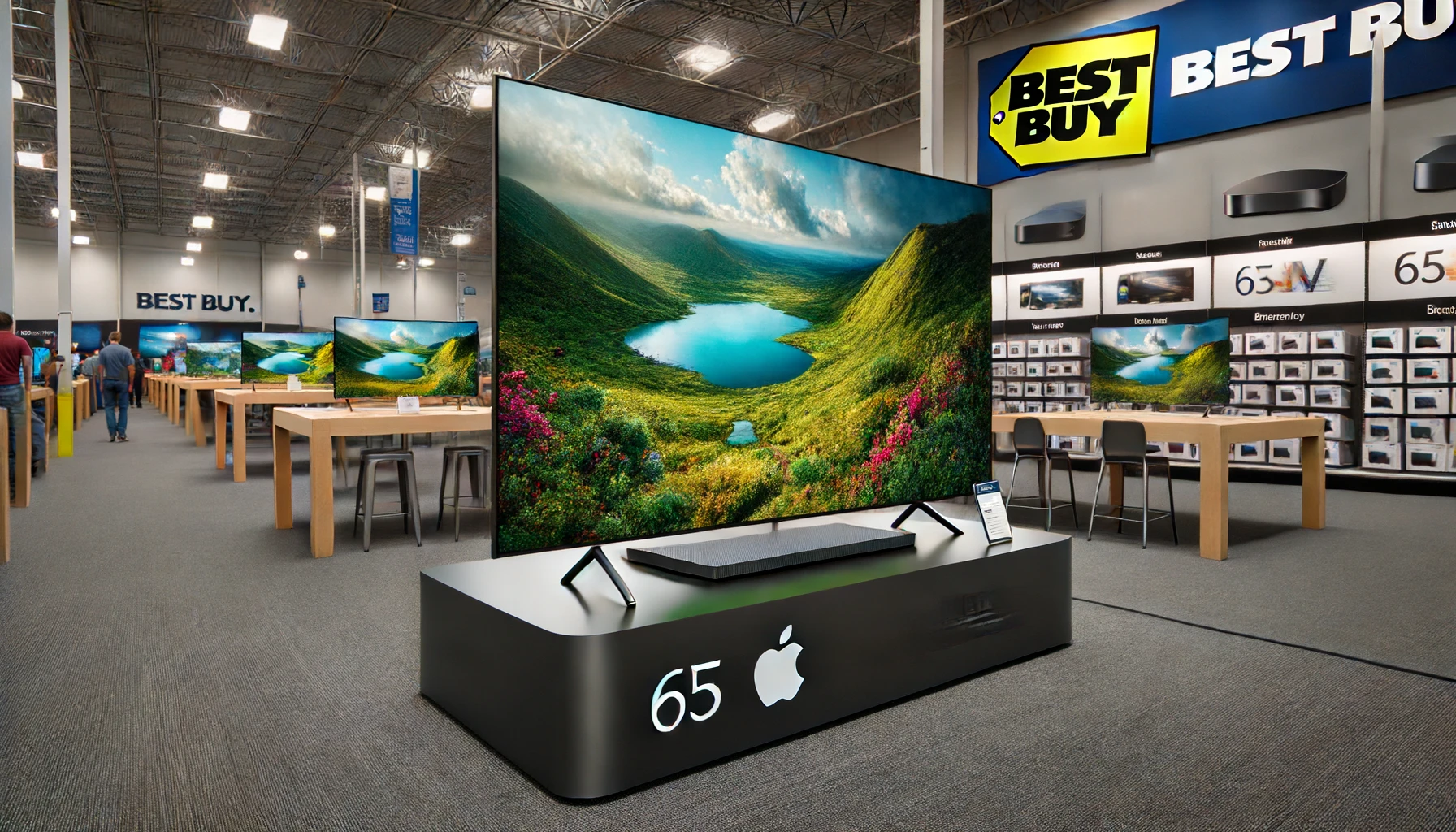 What a 65 inch Apple television set displayed on a Best Buy store stand look like The television has a sleek, minimalist design