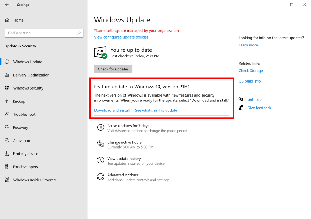 windows 10 update panel