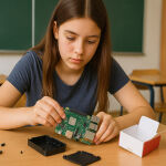 Young girl assembles her Raspberry Pie Computer