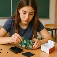 Young girl assembles her Raspberry Pie Computer