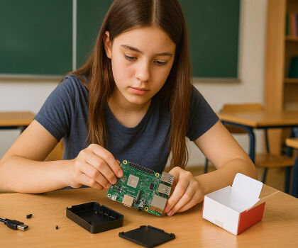 Young girl assembles her Raspberry Pie Computer