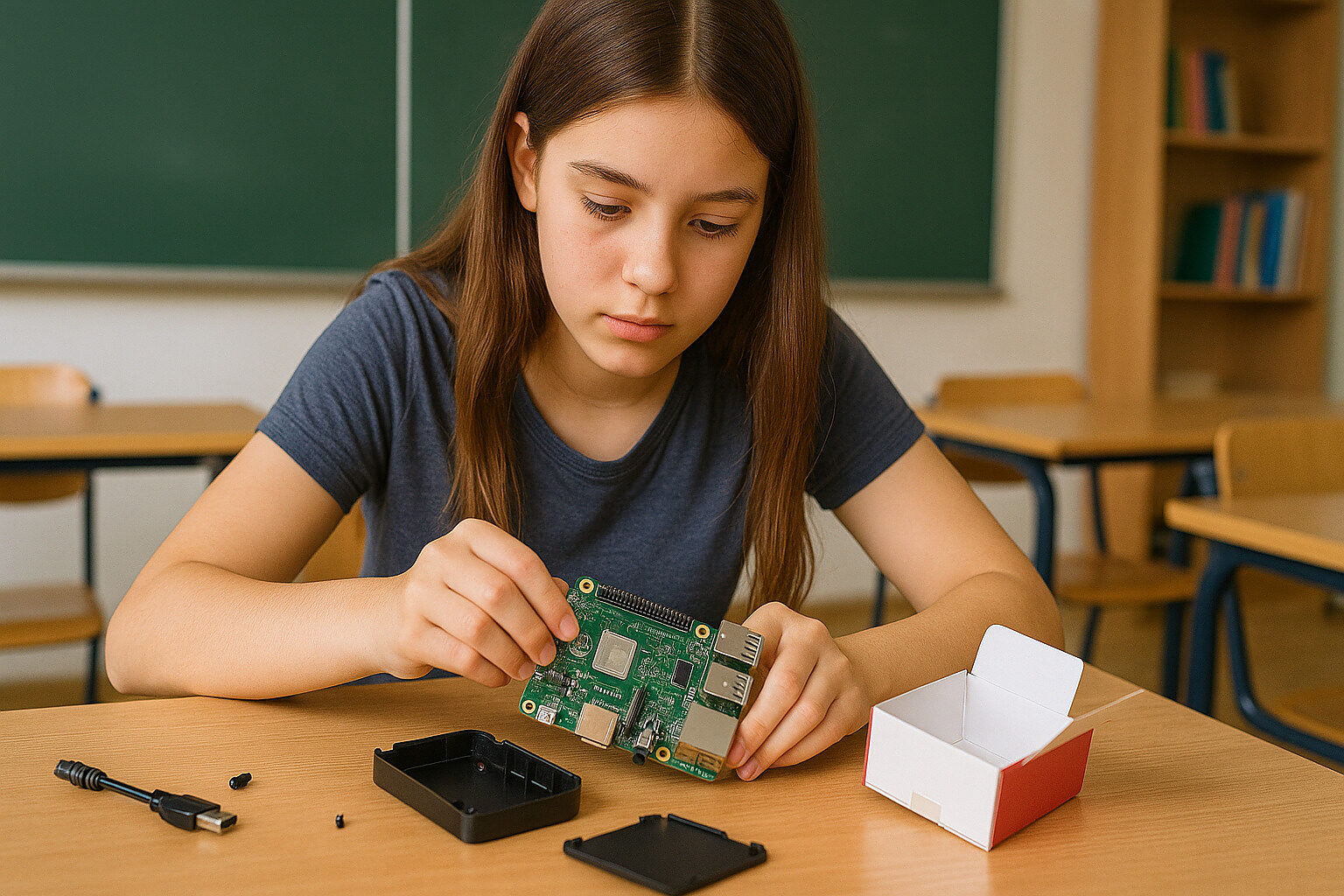 Young girl assembles her Raspberry Pie Computer
