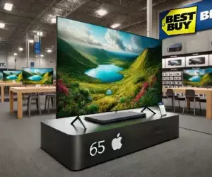 What a 65 inch Apple television set displayed on a Best Buy store stand look like The television has a sleek, minimalist design